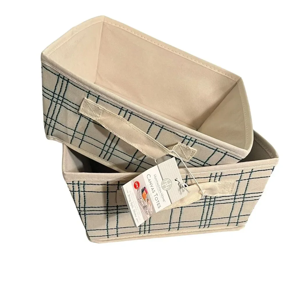 Aldi Huntington Home Canvas Totes 2PK Beige Storage Baskets Plaid Handles Small